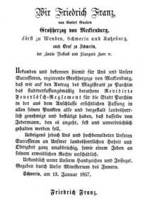 FFw Parchim - Chronikbilder - Urkunde von 1857